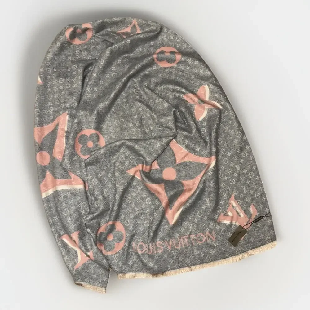 Louis Vuitton Paris Monogram Cashmere Silk Scarf Shawl Pink Grey